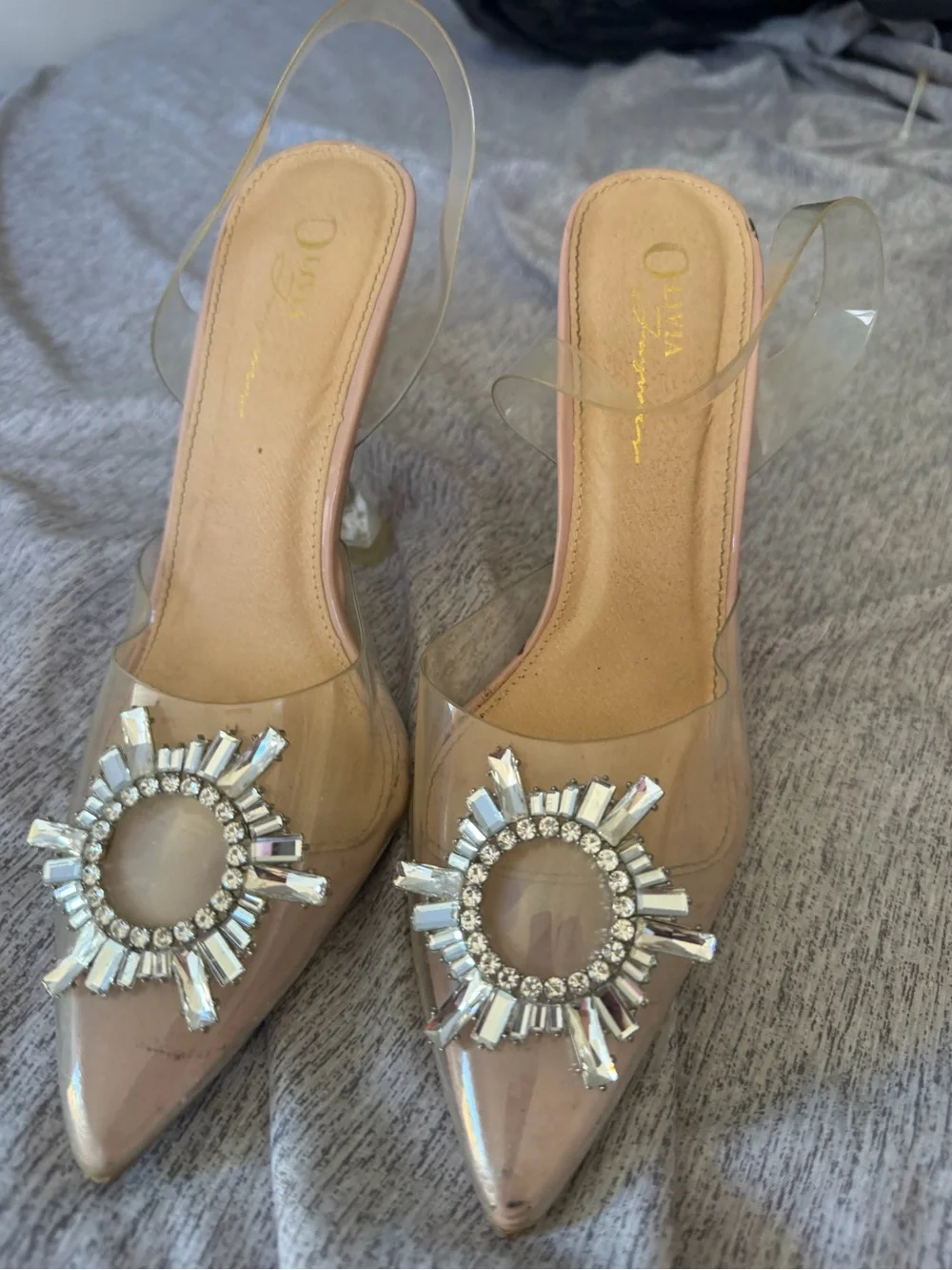 Crystal-Embellished Clear Nude Pointed Slingback Heels